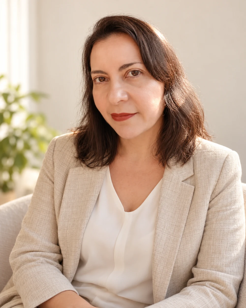 Retrato de Sandra Moura, psicóloga, com blazer claro e expressão acolhedora